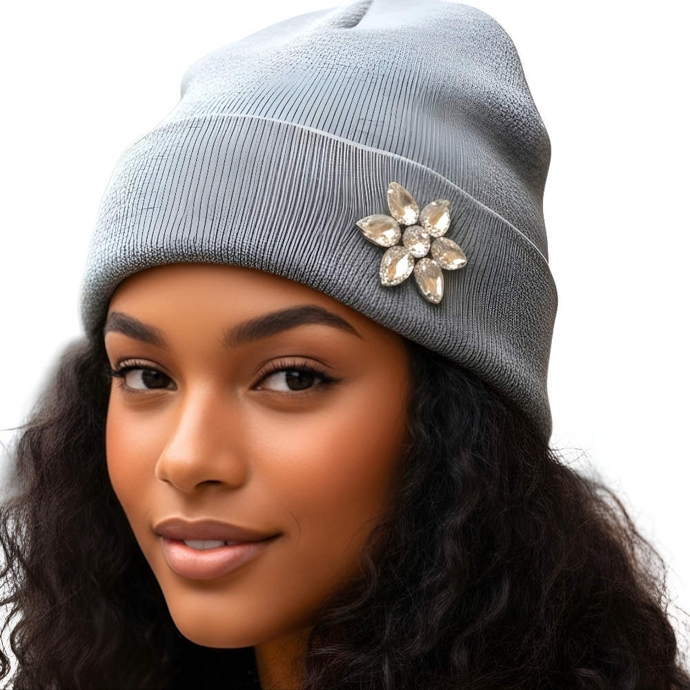 Grey Heather Knit Cuffed Beanie W/ Rhinstone Flower Embellishment On Cuff NWOT